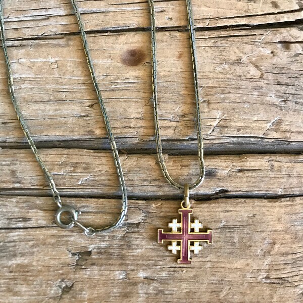 Gold Tone / Jerusalem Cross / Enamel Pendant / Choker Necklace / Purple Enamel / White Enamel / 16 Inch / Rectangle Rolo Link / Patina