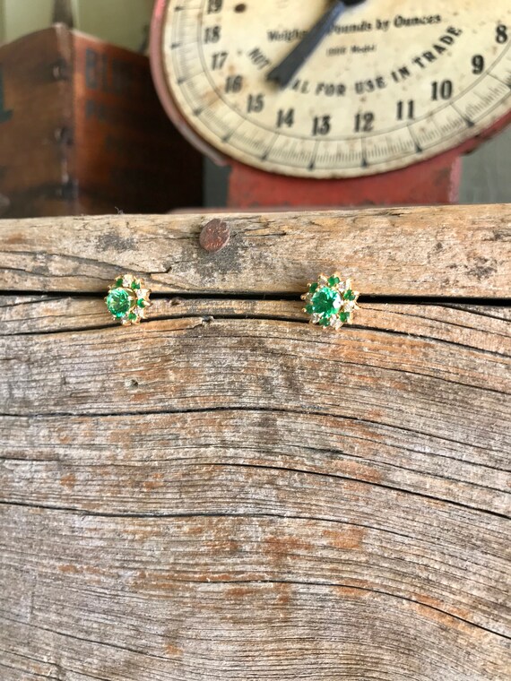 14K Gold / Emerald Green / Stud Earrings / Sterling S… Gem
