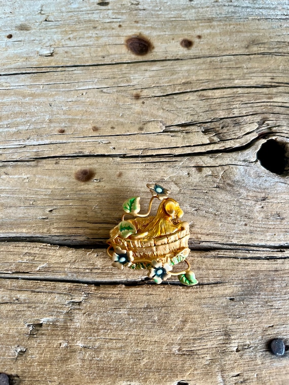 Gold Tone / Enamel / Puppy in a Basket / Floral /… - image 1