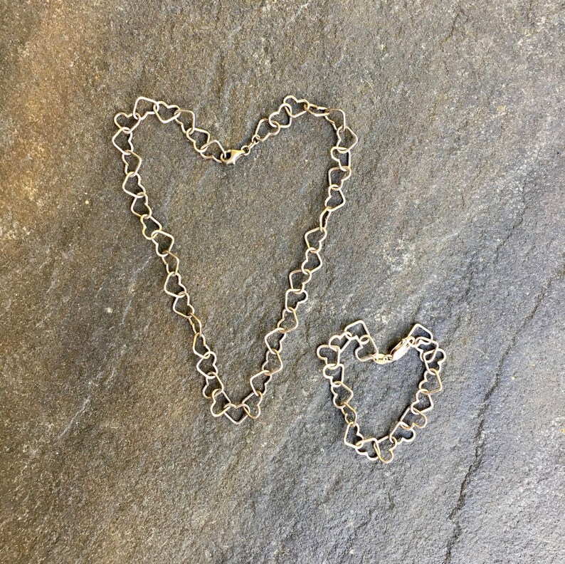 Sterling Silver Necklace Bracelet Jewelry Set Open Heart Link Chain Demi Parure 12mm Choker 15 Italy Patina Vintage