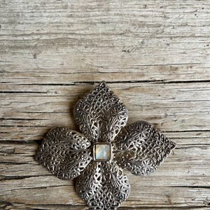 Silver Tone / Maybe Silver Plated / Large Pendant / Large Flower / Filigree Flower / Opaline Gemstone / Center Square / Bezel Set / Israel