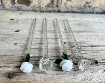 Art Glass / Drink Stirrers / Set of 4 / Rose Swizzle Sticks / 2 Clear Rose / 2 White Rose / Green Leaves