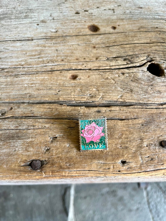 US Postage Stamp / Stamp Pin / Pink Rose / Love Stamp… Gem