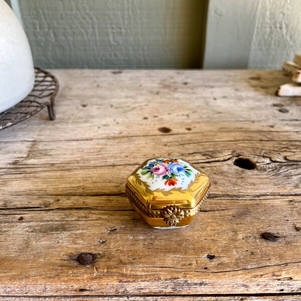 Limoges Porcelain / Trinket Box / Hexagon Shape / Hinged / Gold Tone / Floral / Hand Painted / Peint Main / Made in France / Blue Pink Orang