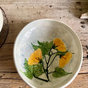 May include: A white ceramic bowl with a floral design. The bowl features yellow flowers and green leaves on a light blue background.