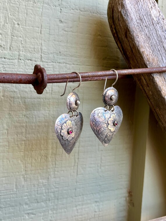 Sterling Silver / Dangle Earrings / Ruby Gemstone… - image 3