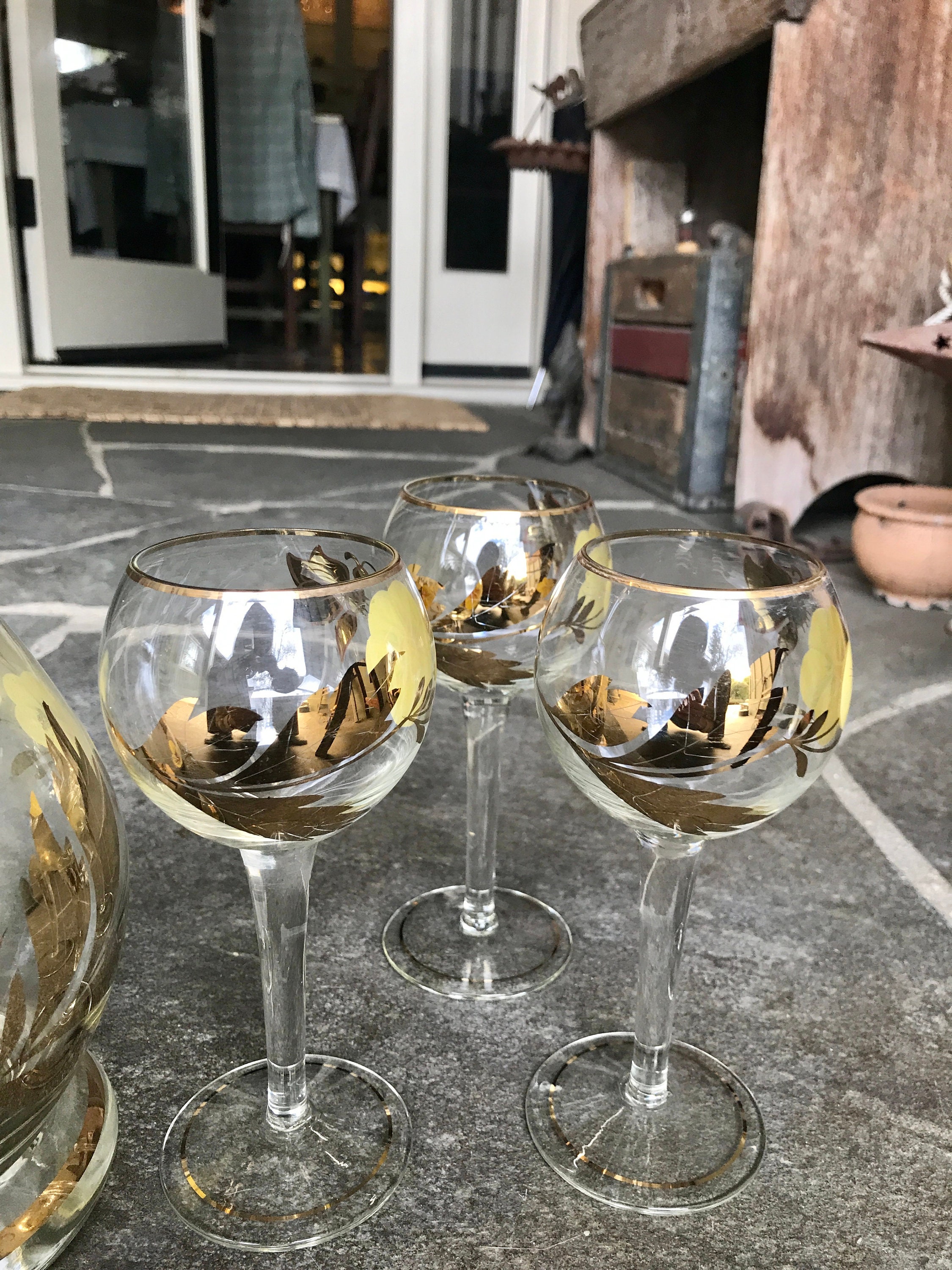 Romanian Glass / Decanter / 3 Wine Glasses / MCM / Art Glass / 24K