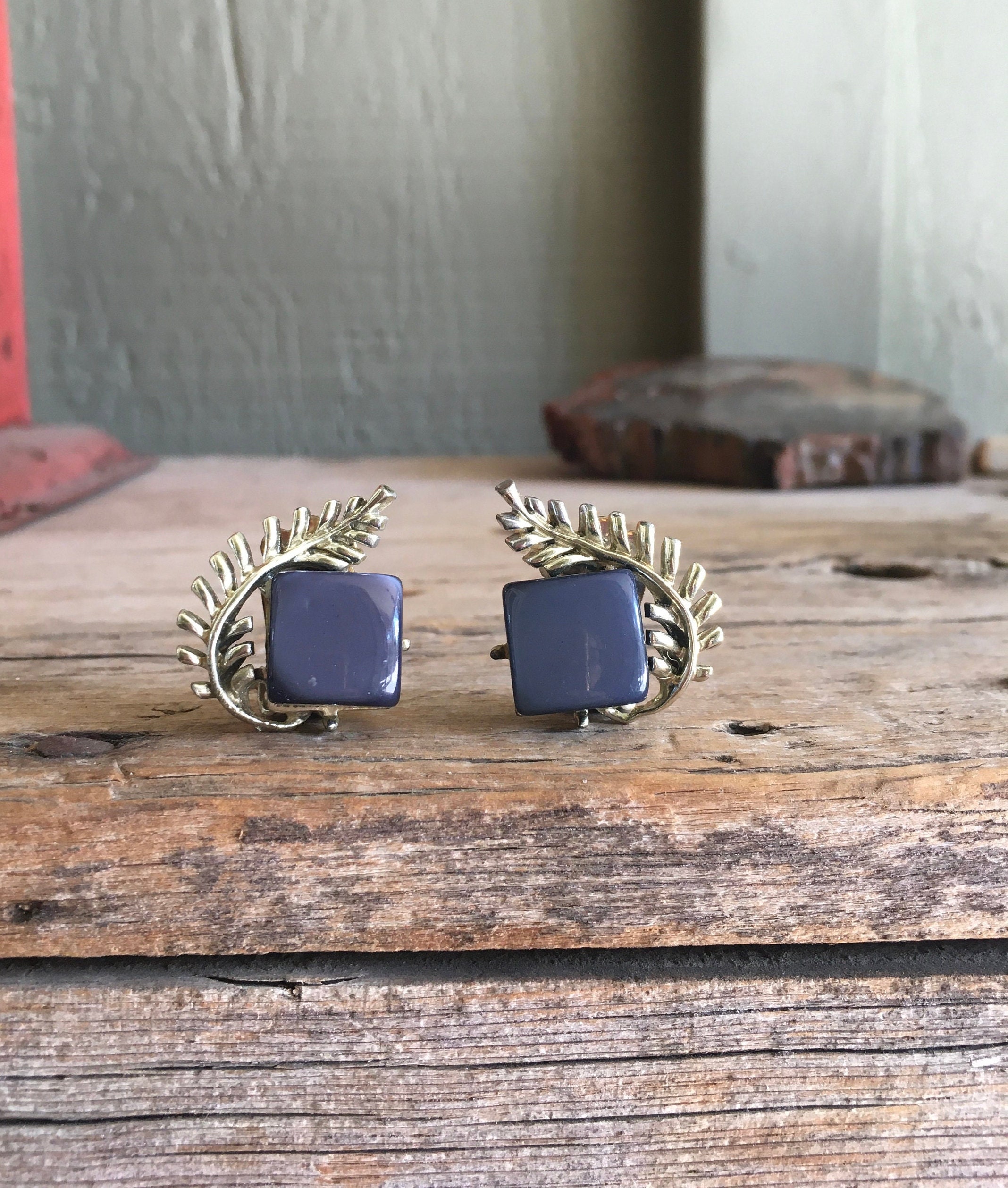 Coro Earrings Blue Square Royal Blue Silver Tone Open Leaf Clip On…