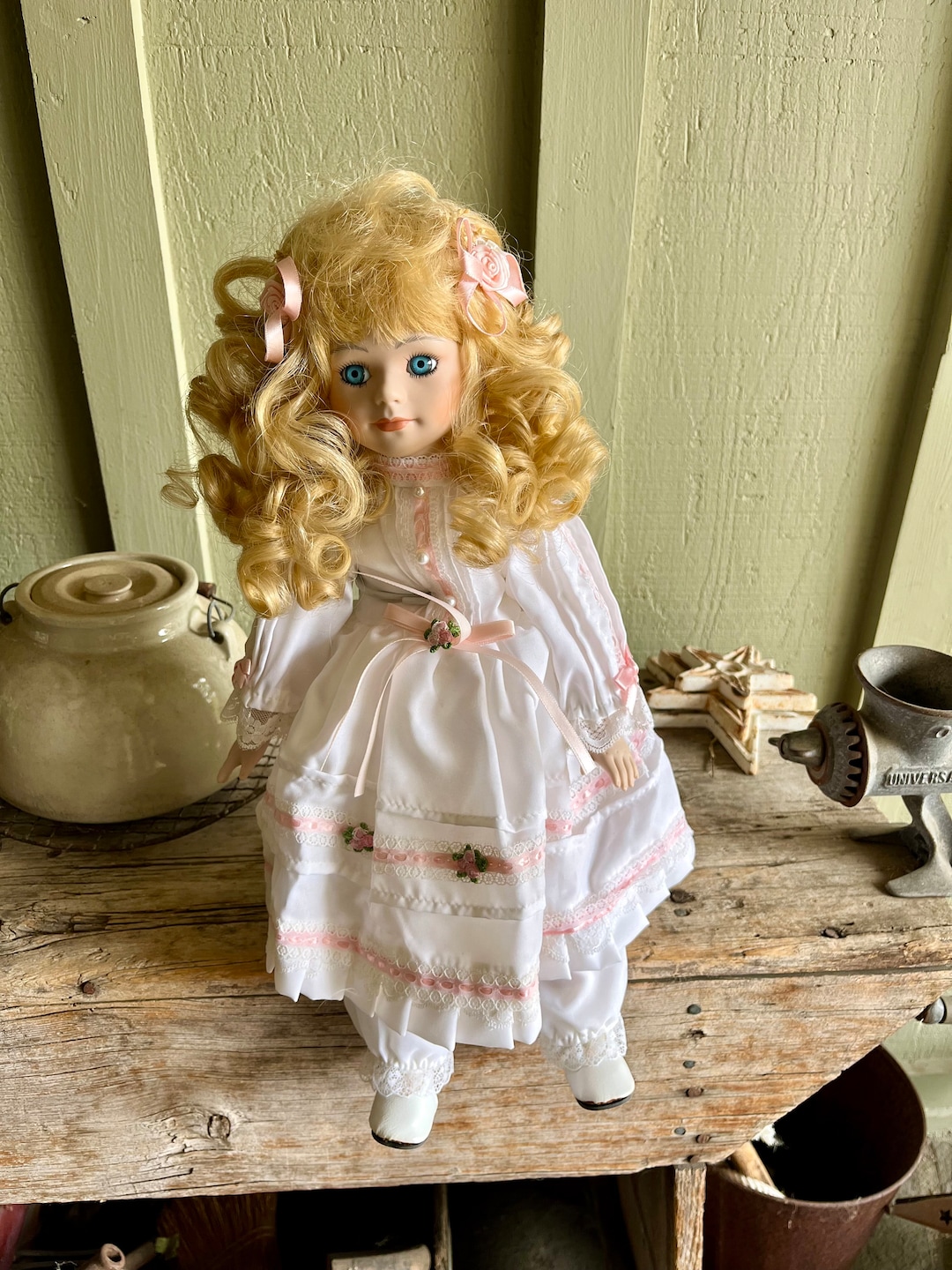 Porcelain Doll Large Doll Blond Curly Hair White Dress Pink Ribbons  Tulle Skirt Little Bo Peep Blue Eyes Pink Flowers Leat