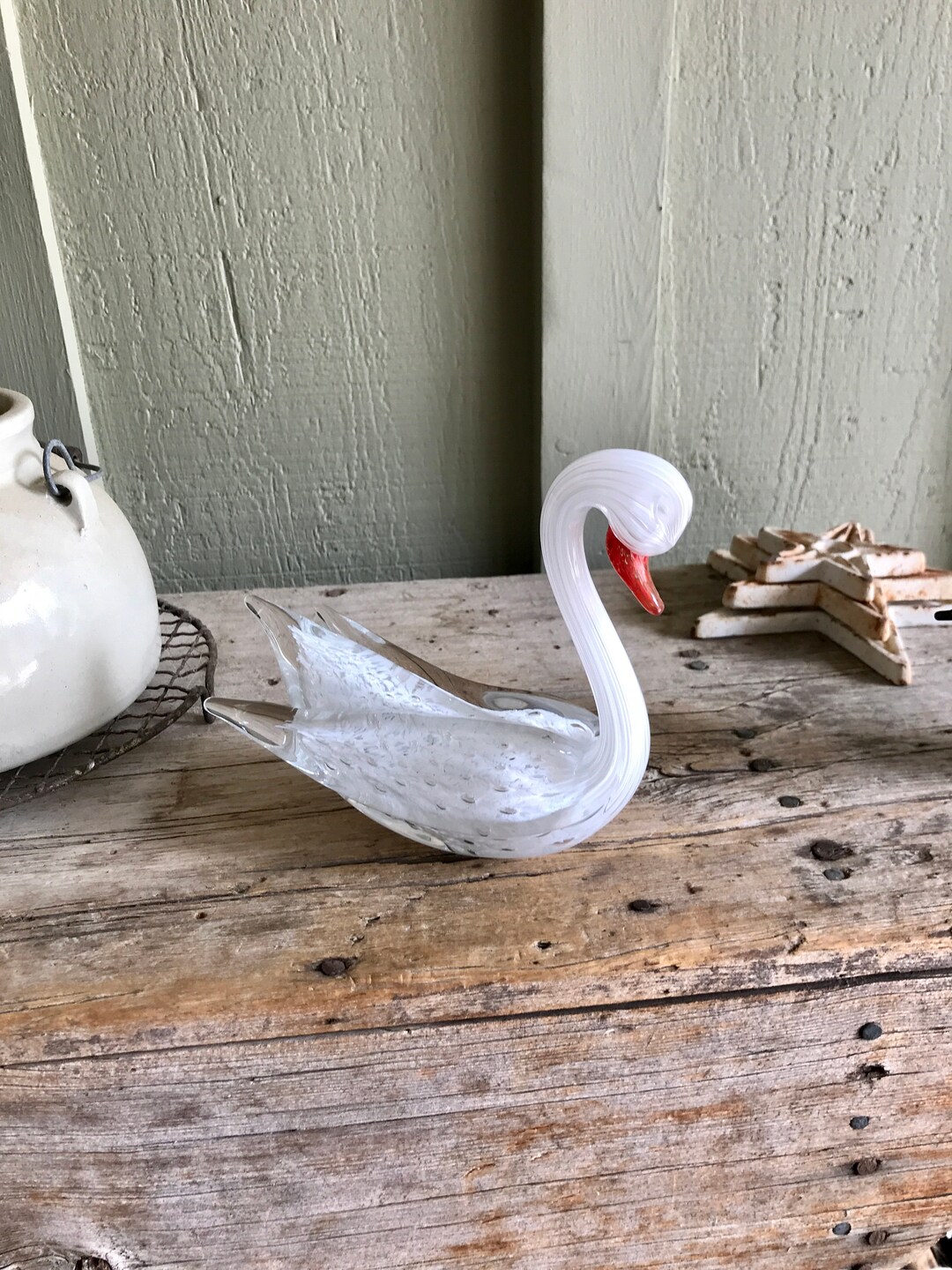Murano Glass / Art Glass / White Swan / Orange Beak / - Etsy