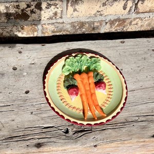 May include: A ceramic decorative plate featuring a vibrant vegetable design. The plate showcases three orange carrots, two red radishes, and green leafy tops. The plate has a yellow center, a red and white border, and a scalloped edge.