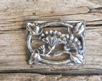 Sterling Silver Brooch / Rectangle / Floral / Open / Repoussé  / Flowers / Lilies / Art Nouveau Style / Leaves / Lightweight / Vintage