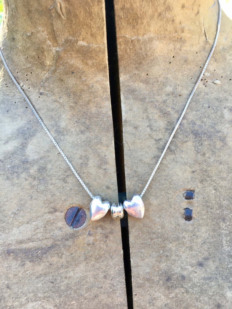 Sterling Silver Necklace Sliding Pendants Two Hearts Puffy Puffed 3D Circular Disc Yoyo Shape Box Chain Italy Choker