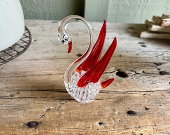 Crystal Swan / Red Beak / Red Feathers / Clear Body / Swan Figurine / 4 Inch