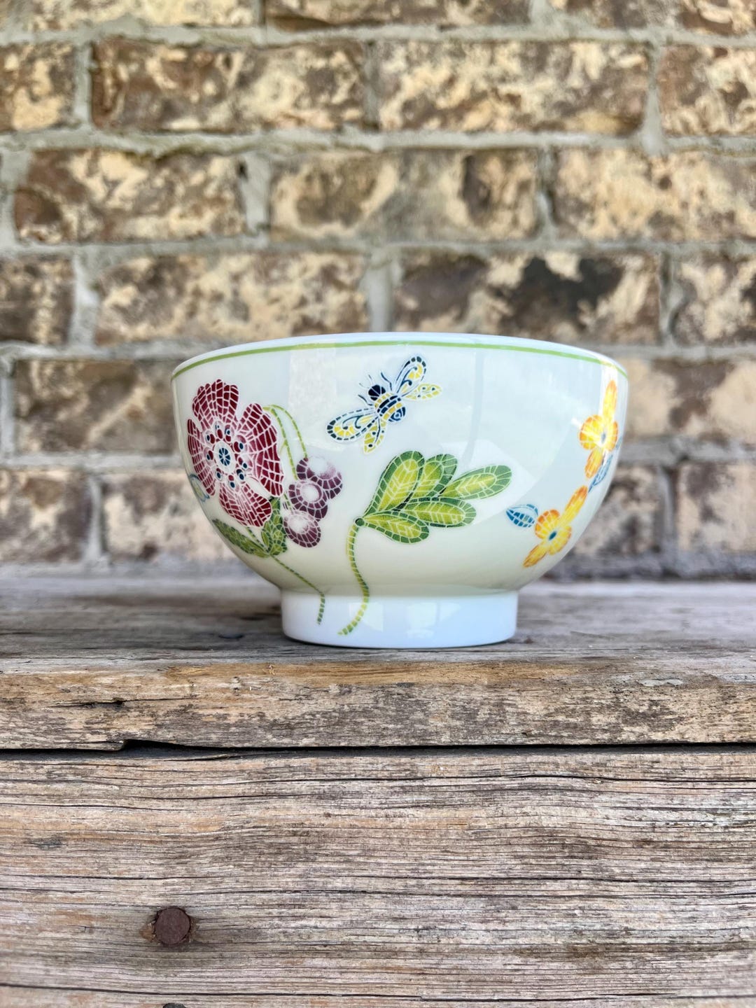 Anthropologie Colorful Flower Bowl: Bumble Bee Accent, Green Trim