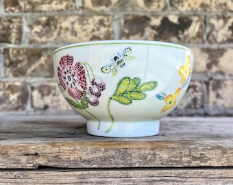 Anthropologie Colorful Flower Bowl: Bumble Bee Accent, Green Trim