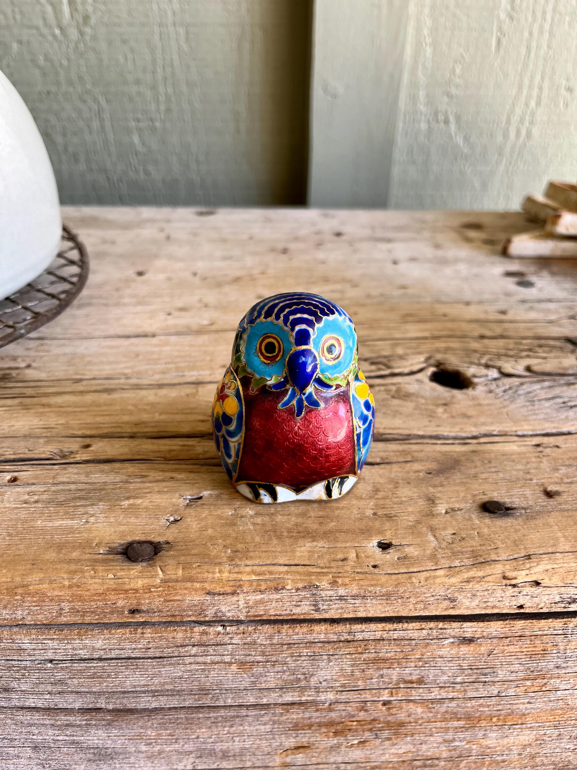 Brass Owl / Cloisonné Figurine / Colorful Enamel / Colorful Owl / Floral / Multi Color / Owl
