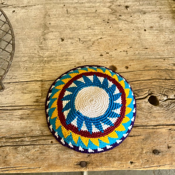 Crocheted Kippot / Yarmulke  / Maya Works / 100 Percent Cotton / White Thread / Blue Thread / Burgundy Thread / Yellow Thread / Purple Threa