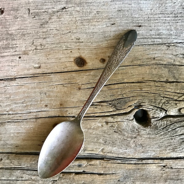 National Silver Co / Teaspoon / Rose and Leaf / Silver Plate / 6 Inch / Embossed / Aged Patina / 1937 / Discontinued