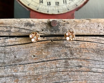 Gold Tone / Floral Earrings / Light Pink Rhinestones / Stud Earrings / Clear Rhinestone / Layered Flower / Anthropologie /