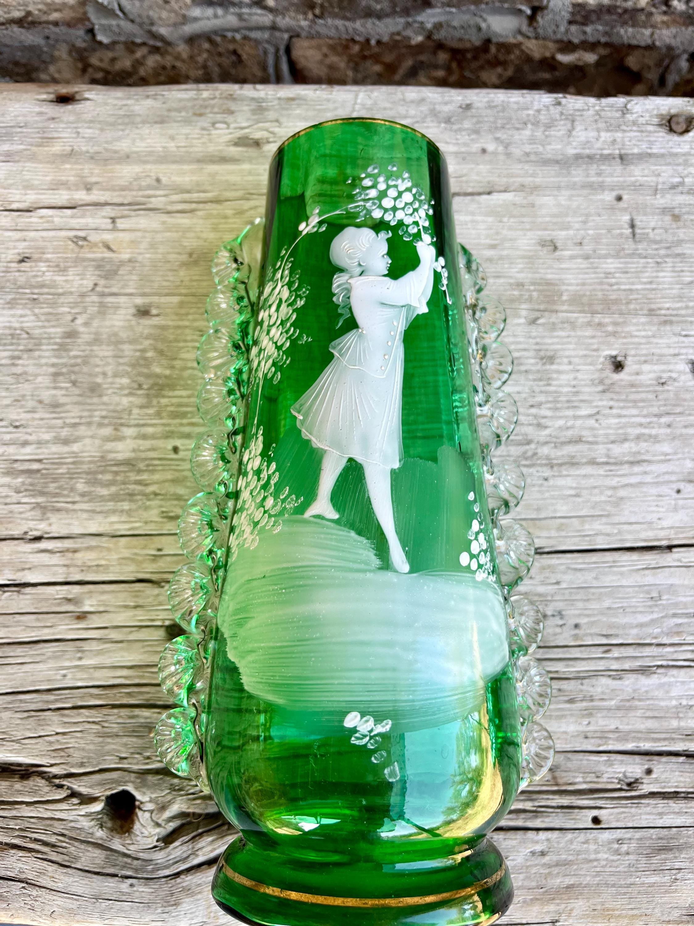 Green Glass / Antique Vase / Mary Gregory / Ruffled Sides / White 