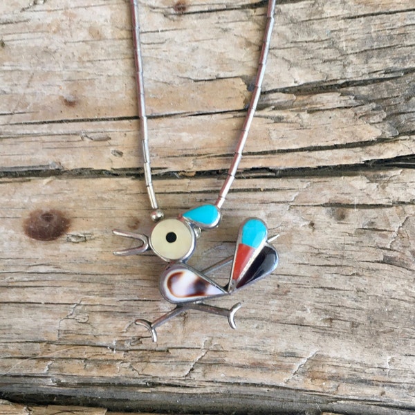 Sterling Silver Necklace / Native American / Zuni / Roadrunner Pendant / Brooch / Pin / Turquoise / Red Coral / Mother of Pearl / Onyx