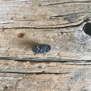 May include: A close-up of a weathered wooden surface with a small, black metal knob with a floral design.