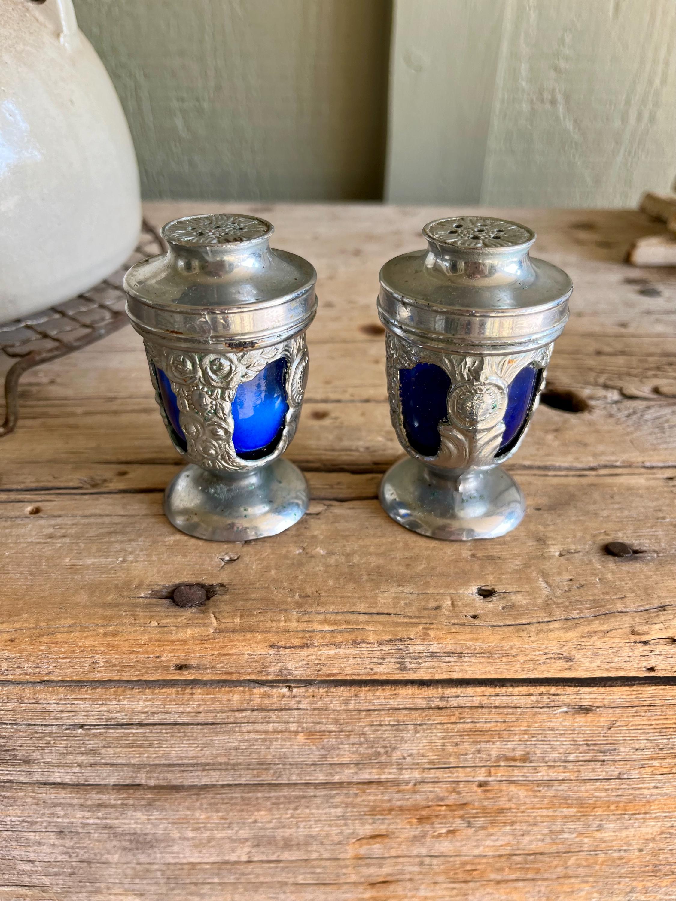 Salt and Pepper / Silver Tone Shakers / Blue Glass Inserts