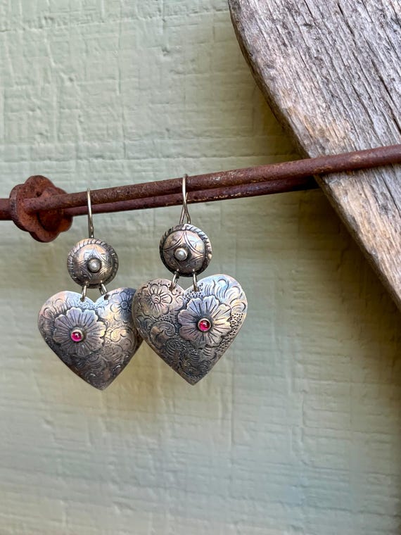 Sterling Silver / Dangle Earrings / Ruby Gemstone… - image 1