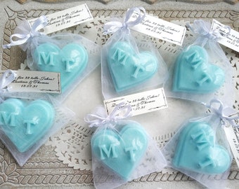 50 Personalized wedding favors soaps, custom initials mini soaps, heart shape soaps with tags, wedding guest gifts, soap favors in bulk