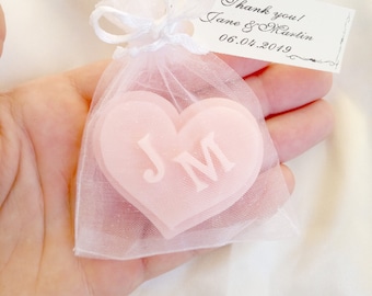 10 Custom heart shape wedding soap favors with initials in organza bag with tag, personalized design, mini soap guest gifts in bulk