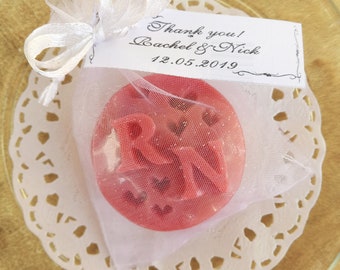Set of 20 Custom round wedding soap favors with initials in organza bag with tag, personalized mini round bar soap guest gifts in bulk