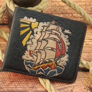 Cartera fina de cuero negro con forma de barco, hecha a mano, cuero repujado, cartera de hombre, tatuaje de la vieja escuela, artesanía de cuero de Ucrania, tallado, tatuaje de marinero