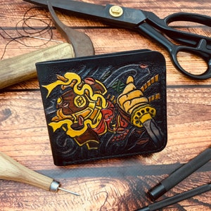 Cartera de cuero negro samurái, hecha a mano, cuero repujado, billetera plegable para hombre, tatuaje de la vieja escuela, artesanía de cuero de Ucrania, tallado
