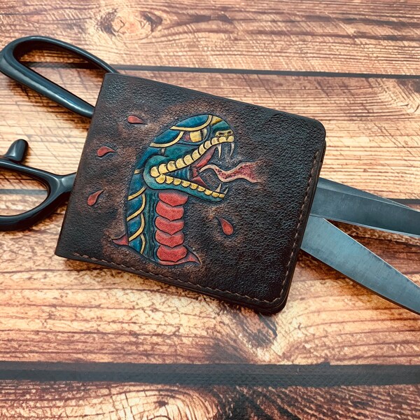 Snake brown leather wallet, handmade, tooled leather, bifold wallet, men’s wallet, old school tattoo, Ukraine leather craft, carving.