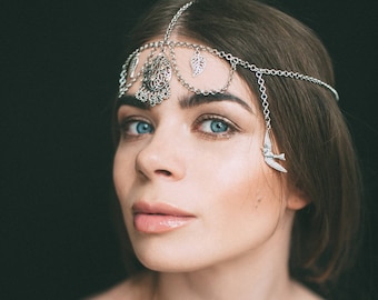 silver headdress, chain headdress, bohemian headdress, antique jewelry, antique headdress, boho headpiece, tikka headpiece, indian tikka