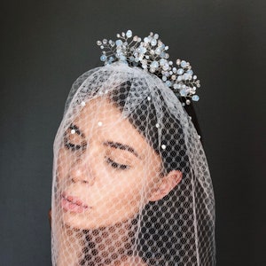 bridal hair vine, bridal short veil, bridal hair comb, white veil, short veil, bridal white veil, bridal crystal headpiece image 1