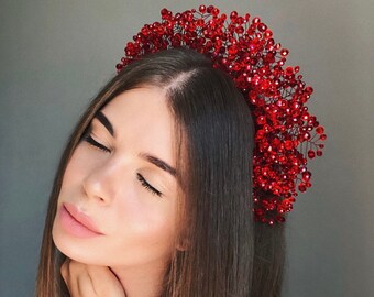 red crown, red tiara, crowns, tiara, red headpiece, crystal headpieces, red crystal headpiece, red headdress, red hair vine, floral crystal