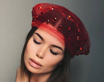 red headdress, red beret, mesh headdresses, red fascinator, red fairy headdress, beret hats, red beret for woman, red hat, mesh beret, beret