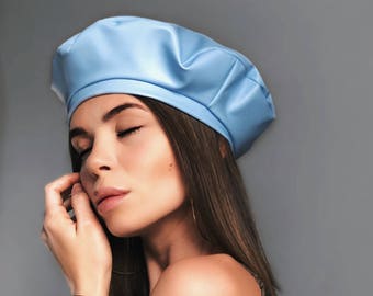 leather beret, blue beret, berets, blue beret hat, cocktail hat, blue berets, leather headdress, blue hats, blue leather beret, beret hat