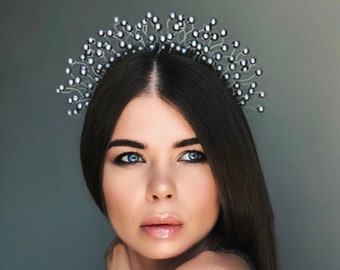 silver crown, silver tiara, pearl headpiece, grey headpiece, silver headdress, pearl headpieces, pearl hair vine, silver crowns, pearl head