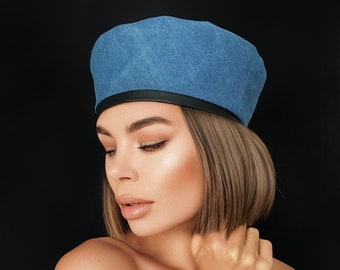 denim beret, denim hat, blue beret, denim headpiece, modern beret, fashion beret