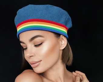 denim beret, rainbow hat, denim beret hat, modern beret, fashion beret, denim headdresses