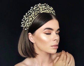 gold tiara, crystal crown, gold headpiece, crystal tiara, bridal headpiece, bridal crown, gold headdress, crystal headpieces