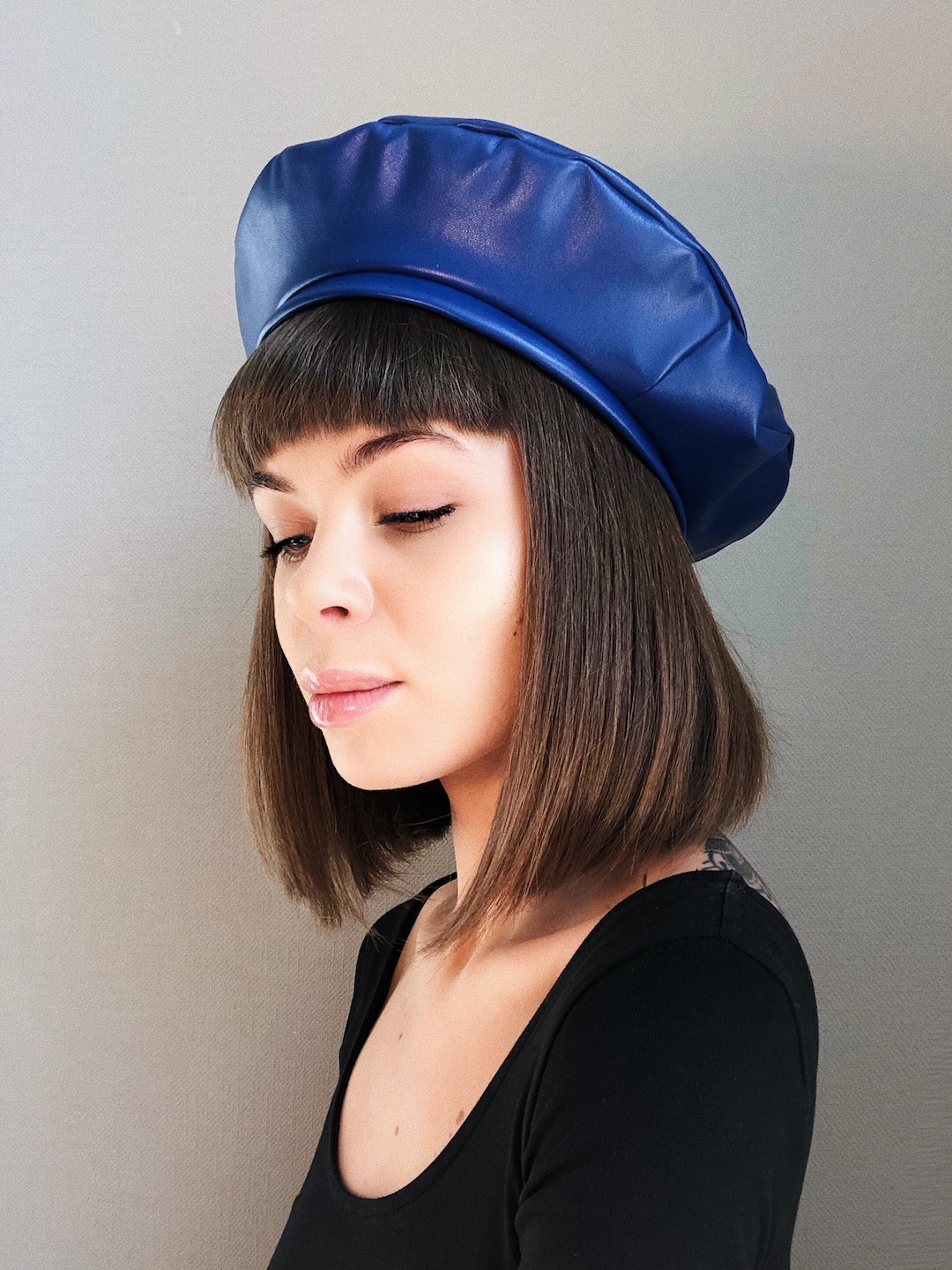 Blue Beret, Faux Leather Beret, Beret Hat, Navy Beret, Leather Beret