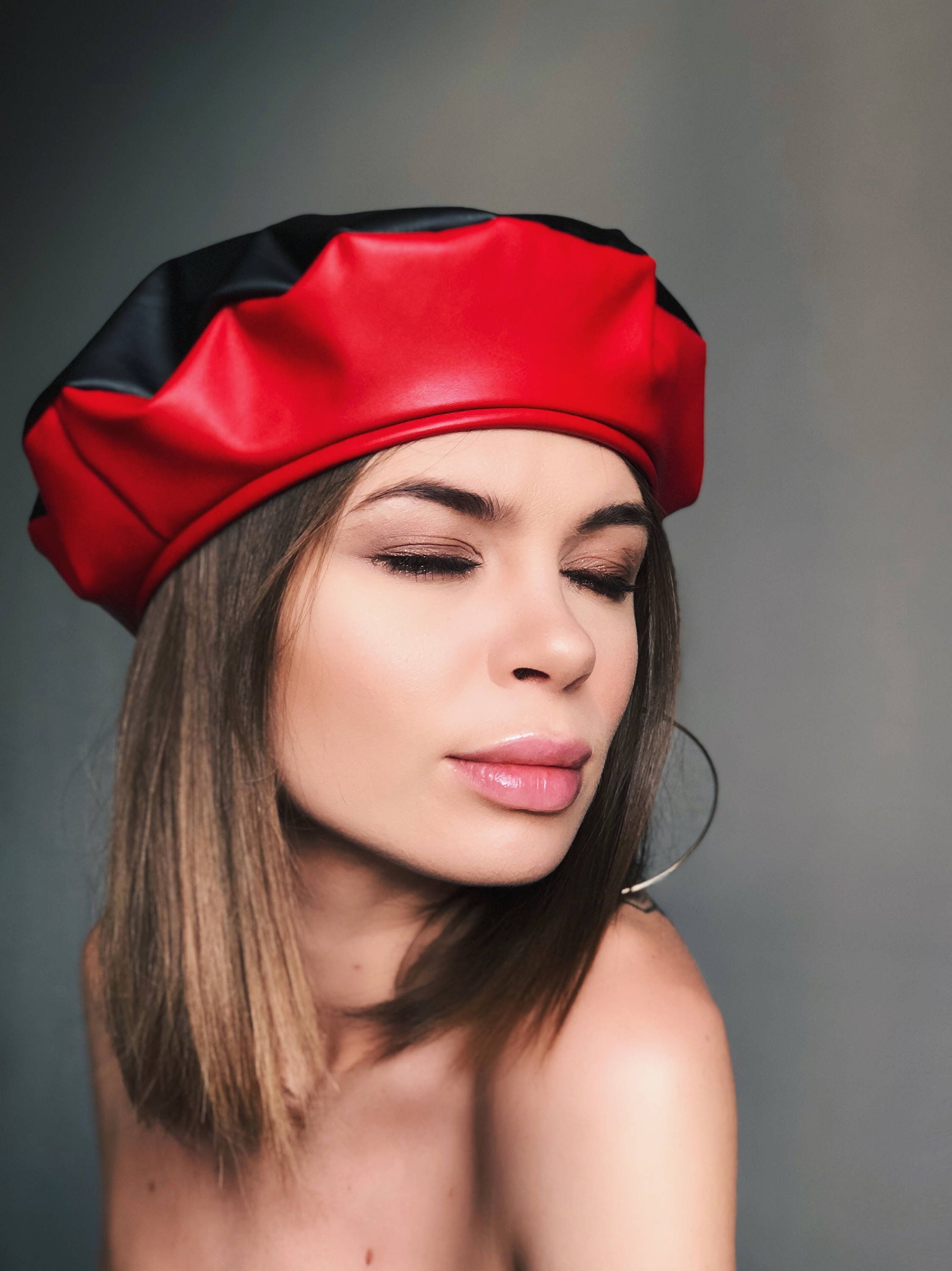 Leather beret red beret leather hat red leather beret red Etsy