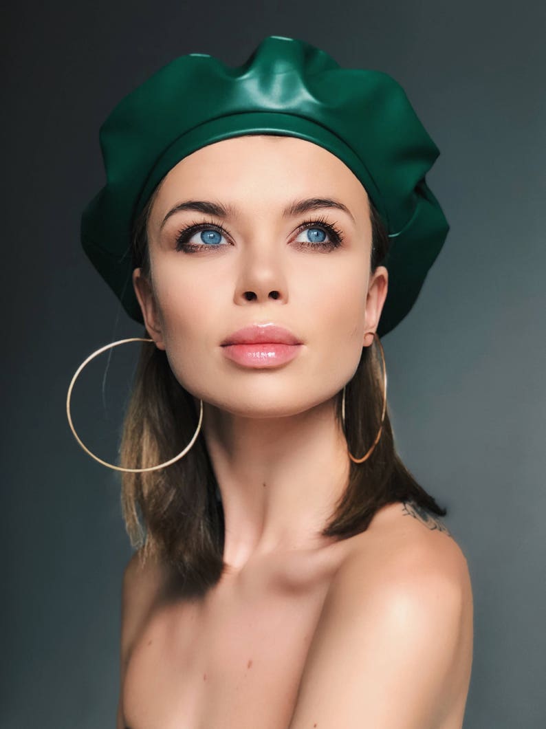 leather beret, leather hat, green leather beret, green leather, leather beret for woman, beret, leather hats, leather beret hat, green beret image 1