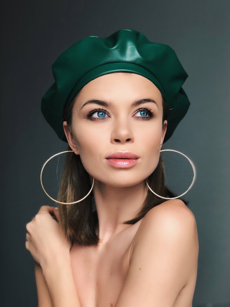 leather beret, leather hat, green leather beret, green leather, leather beret for woman, beret, leather hats, leather beret hat, green beret image 3