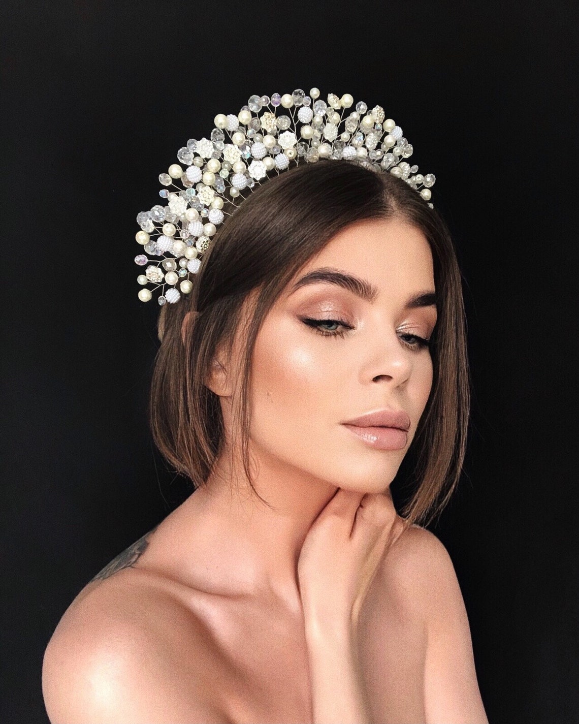 Wedding Tiara White Headpiece Crystal Crown Halo Etsy