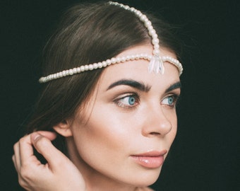 flapper headpiece,  jewelry headpiece, bohemian hair accessories, tikka headpiece, pearl headpiece, bridal headdress, tikka, pearl headband